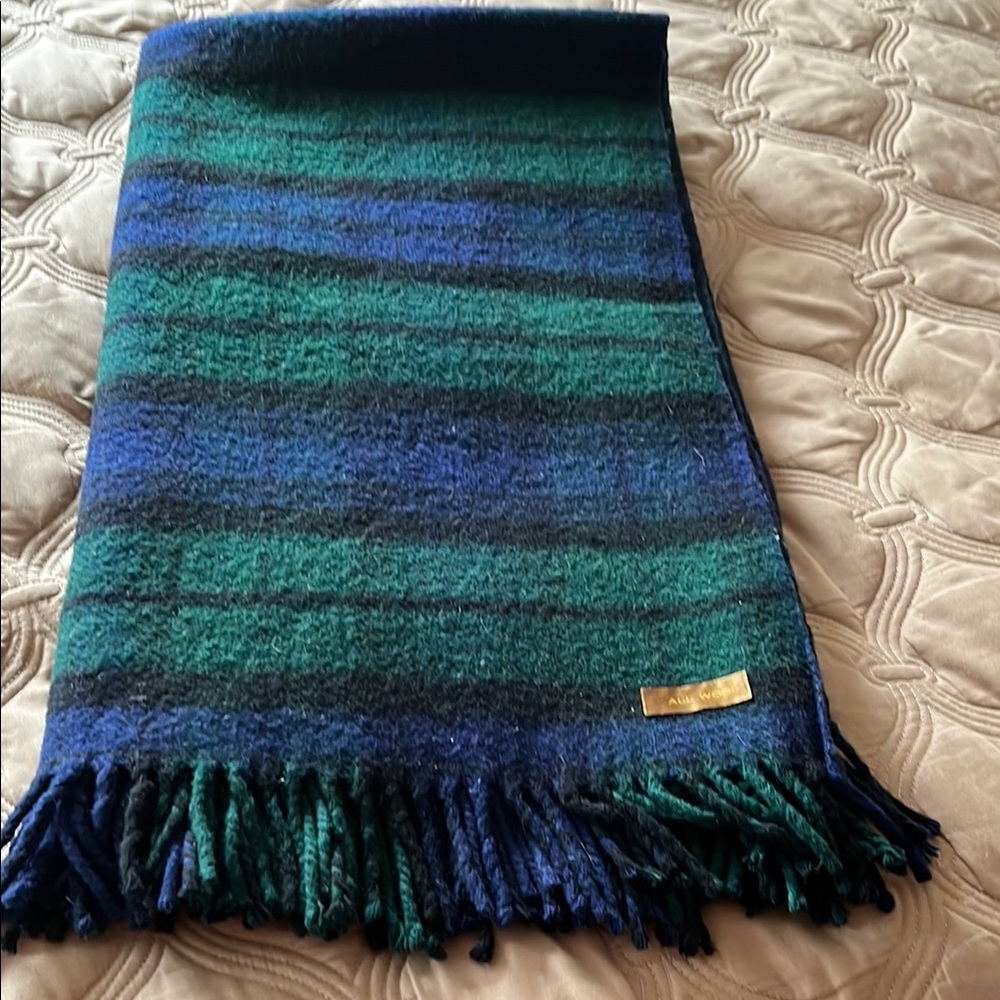 Cozy Green and Blue Striped Throw Blanket with Fringe